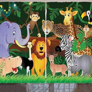 Ambesonne Zoo Exotic Animals in the Jungle Window Curtains 108"x63" 2 Panels-NEW